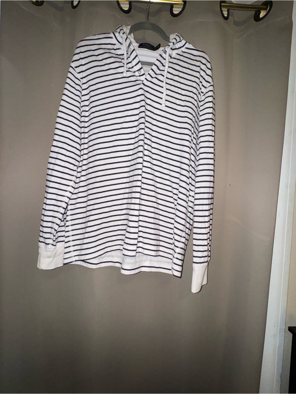 Polo by Ralph Lauren White Hooded Long-Sleeve Shirt with Navy Stripes